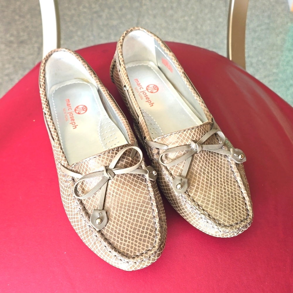 Marc Joseph leather loafer slip on. Size 7 1/2, nude snake pattern.